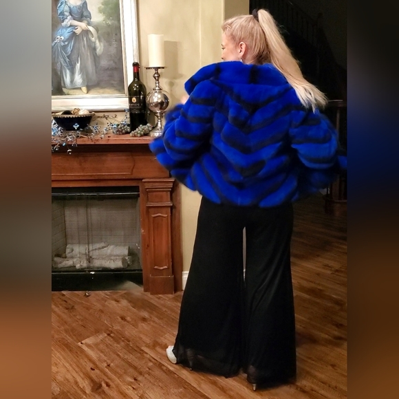 NWT Brilliant Sapphire Blue & Black Rex Chinchilla Fur Coat L/XL - Picture 12 of 17